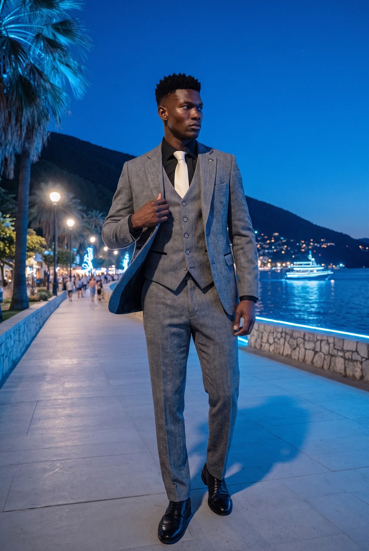 Look #975 styled with IM41 - Grå 3-delad fiskbensmönstrad tweedkostym för män