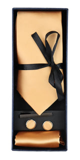 Slips i satin, siden, guldfärgad, presentset, näsduk, manschettknappar, slips i glänsande satin