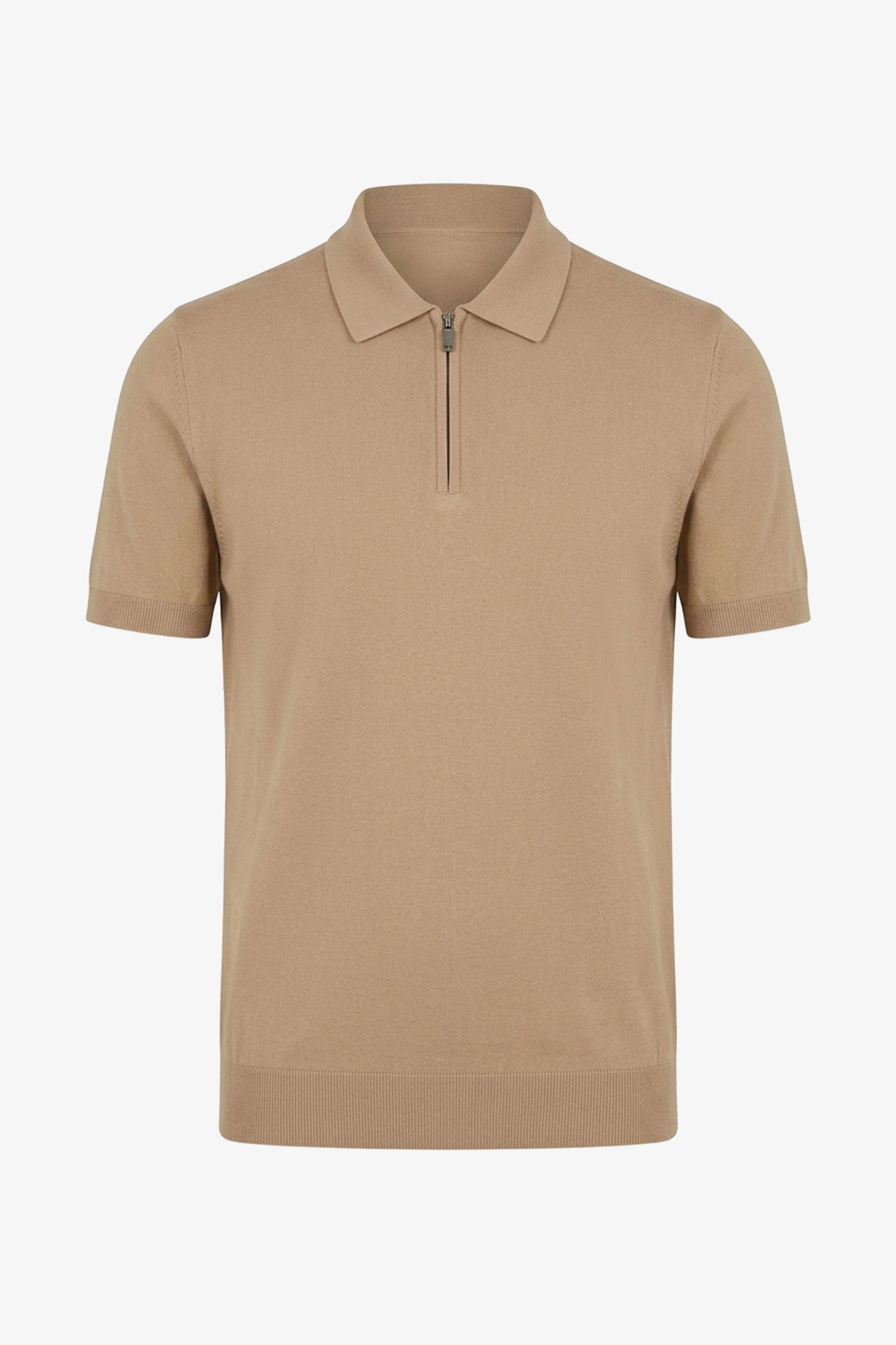 Beige stickad pikétröja med dragkedja för män
