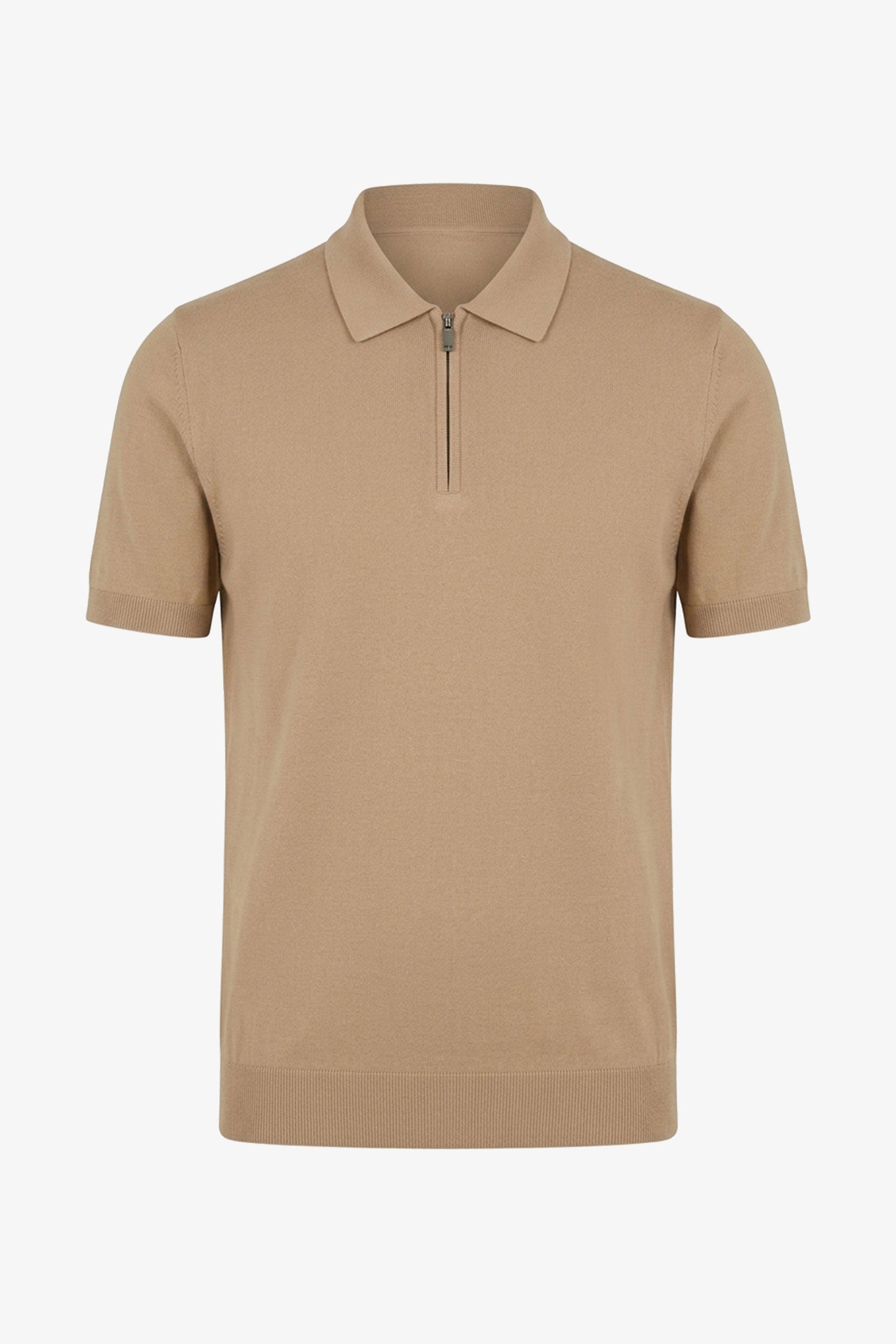 Beige stickad pikétröja med dragkedja för män