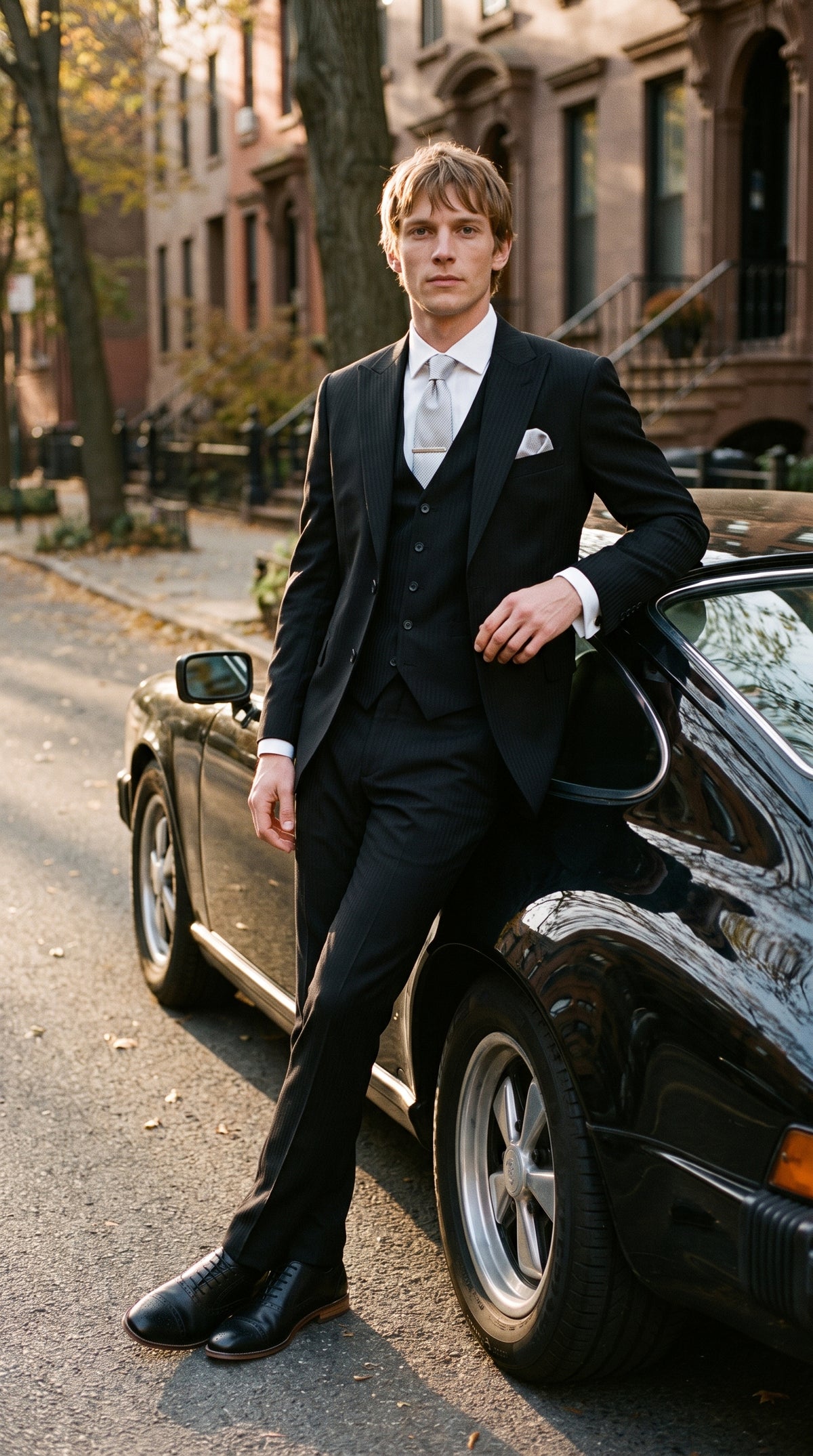 Look #819 styled with Roberto - Svart herrkostym i 3 delar med skuggränder i ullblandning