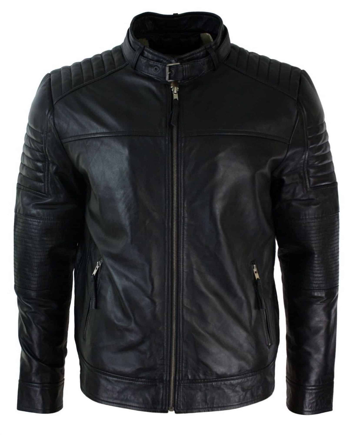 Äkta läder svart biker herrjacka retro vintage skräddarsydd passform Storbritannien
