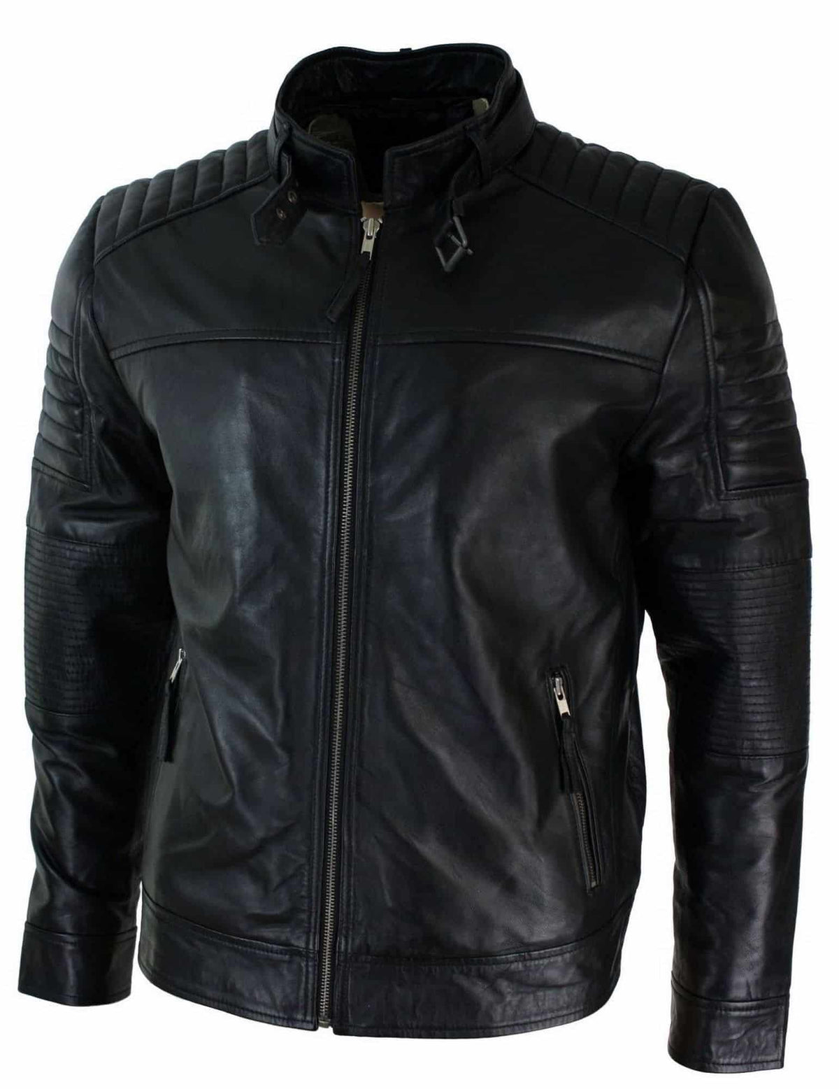Äkta läder svart biker herrjacka retro vintage skräddarsydd passform Storbritannien