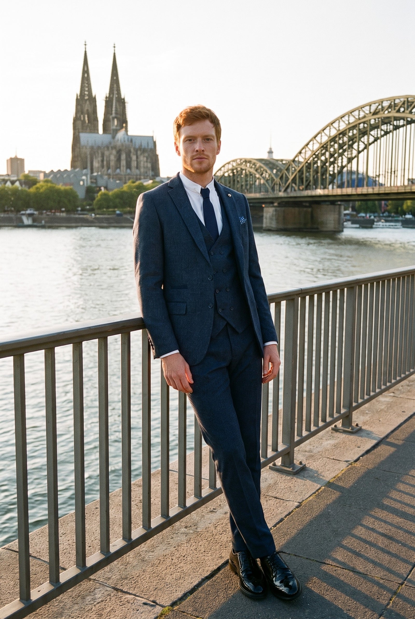 Look #382 styled with Herrkostym i 3 delar med dubbelknäppt väst, marinblå