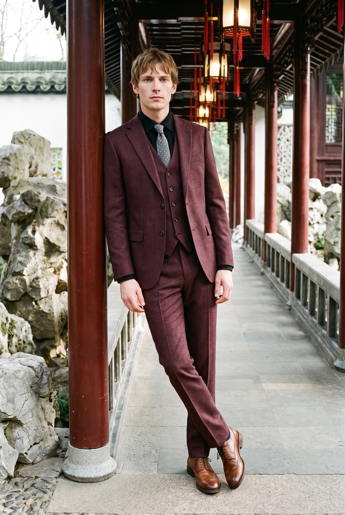 Look #237 styled with Caridi - Herrkostym i vinröd, rutig 3-delad kostym