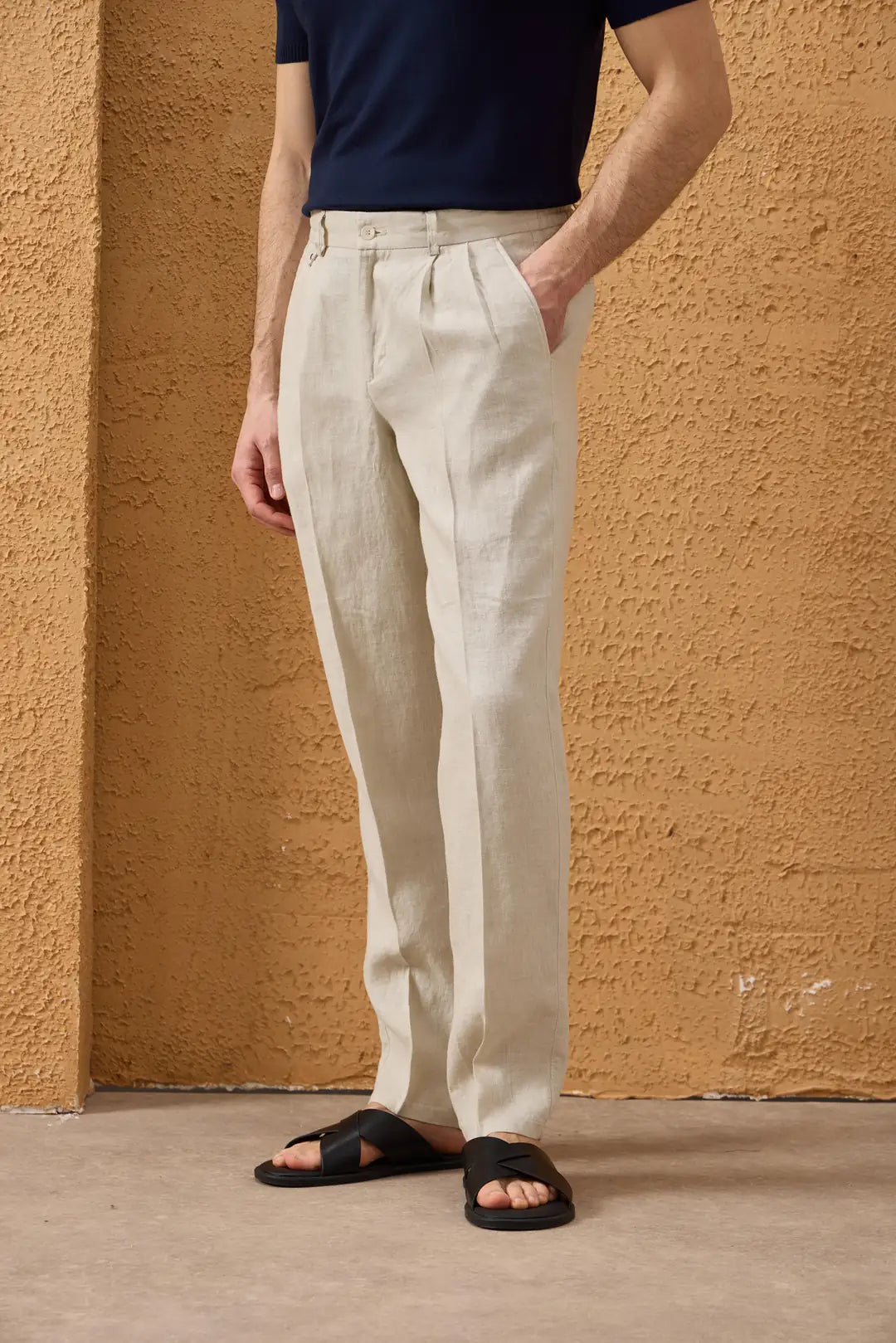 Herr Beige Linne Kostym med Dragkedja Framtill, Safaristil Sommar