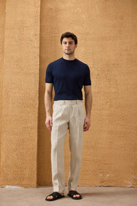 Herr Beige Linne Kostym med Dragkedja Framtill, Safaristil Sommar
