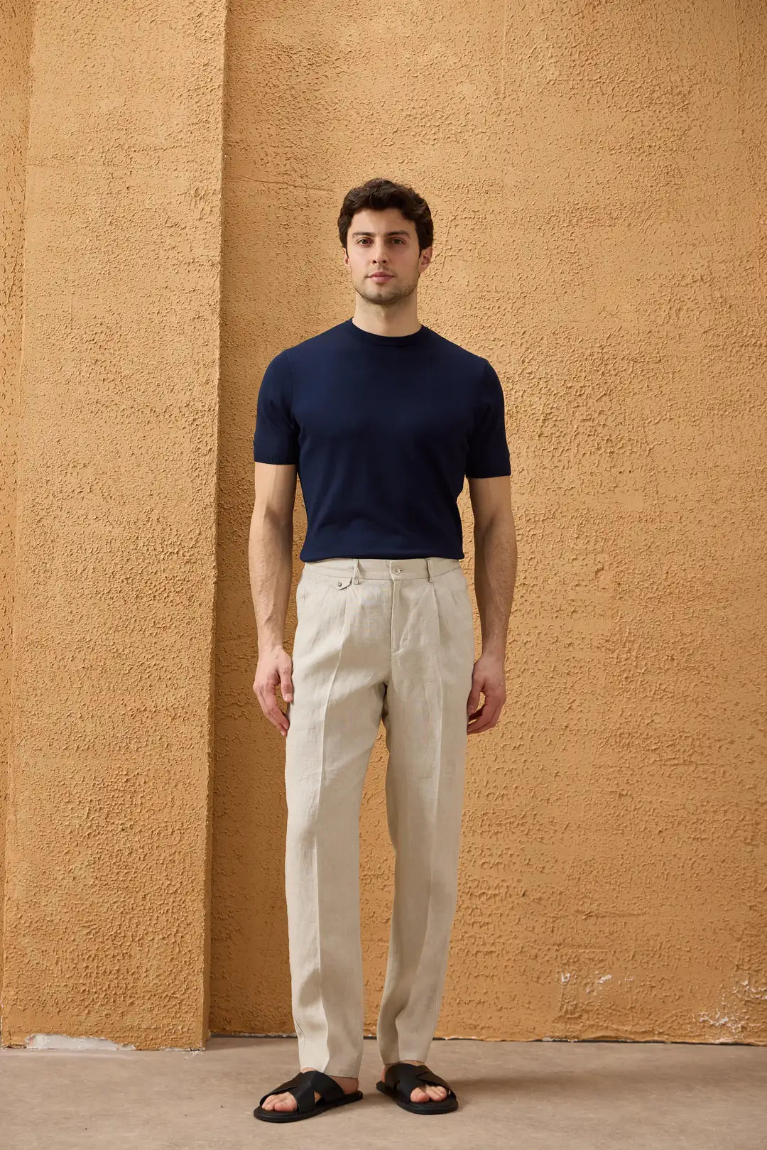 Herr Beige Linne Kostym med Dragkedja Framtill, Safaristil Sommar