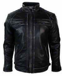Äkta läder retro stil dragkedja herr bikerjacka mjuk svart vintage look