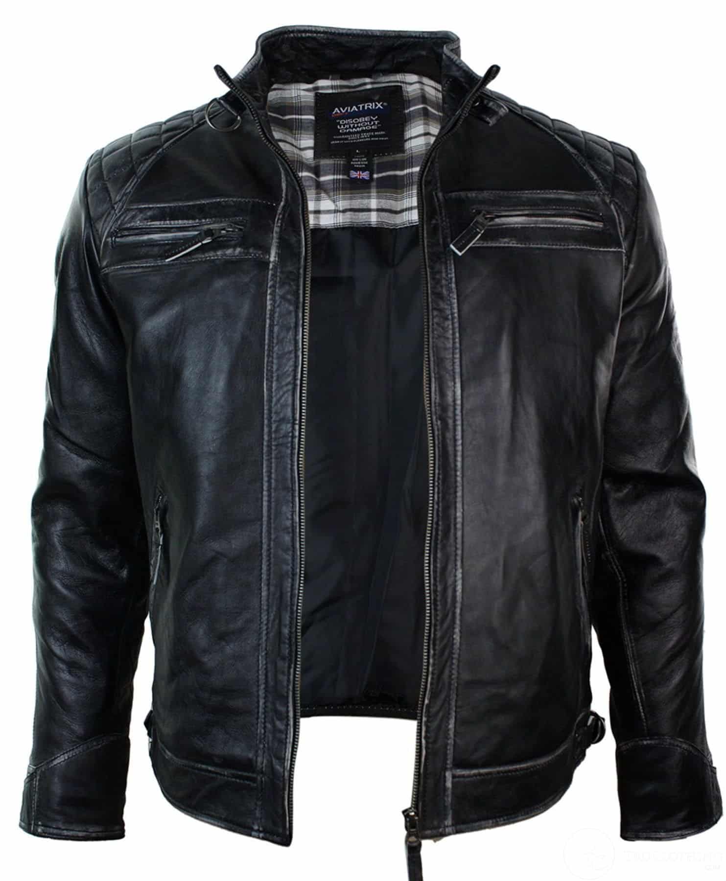 Äkta läder retro stil dragkedja herr bikerjacka mjuk svart vintage look