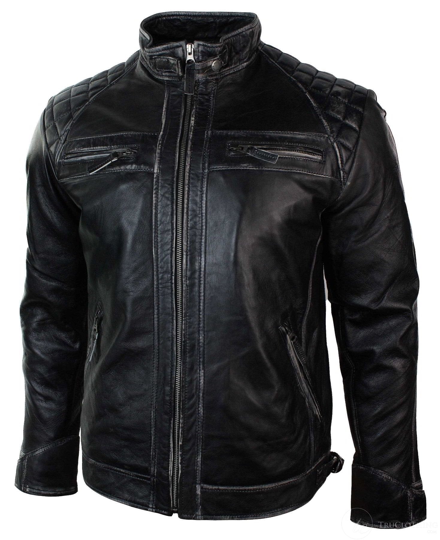 Äkta läder retro stil dragkedja herr bikerjacka mjuk svart vintage look