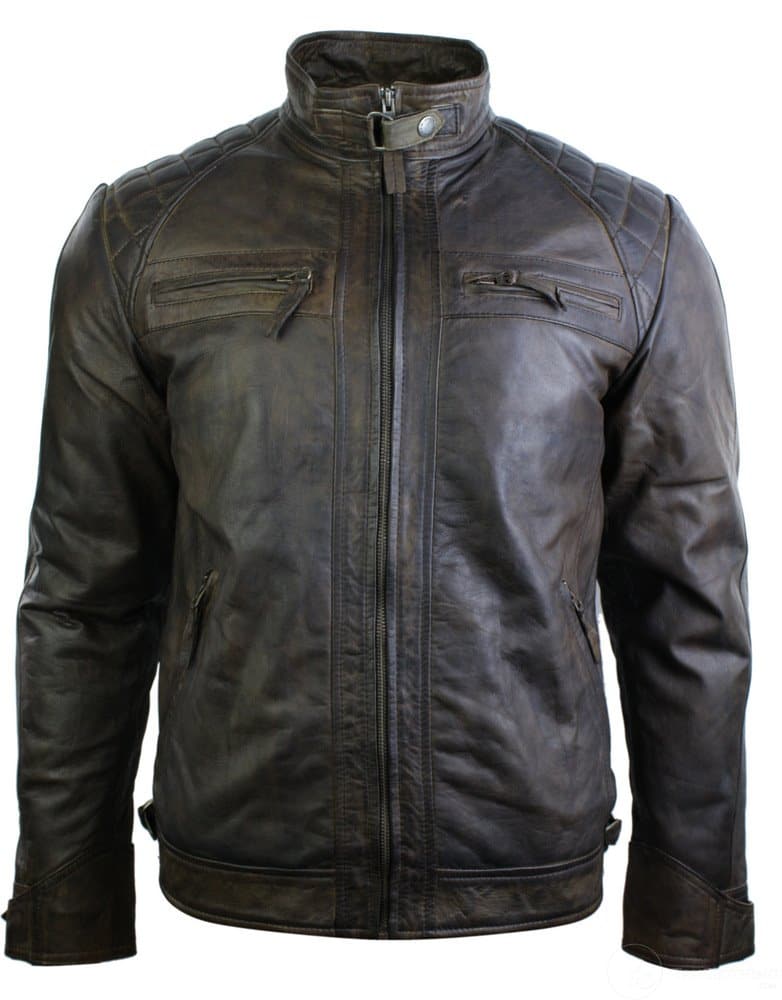 Äkta läder retro stil dragkedja herr bikerjacka mjuk brun vintage look