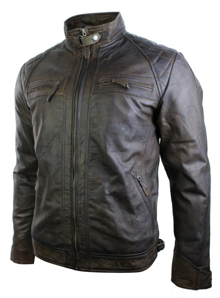 Äkta läder retro stil dragkedja herr bikerjacka mjuk brun vintage look