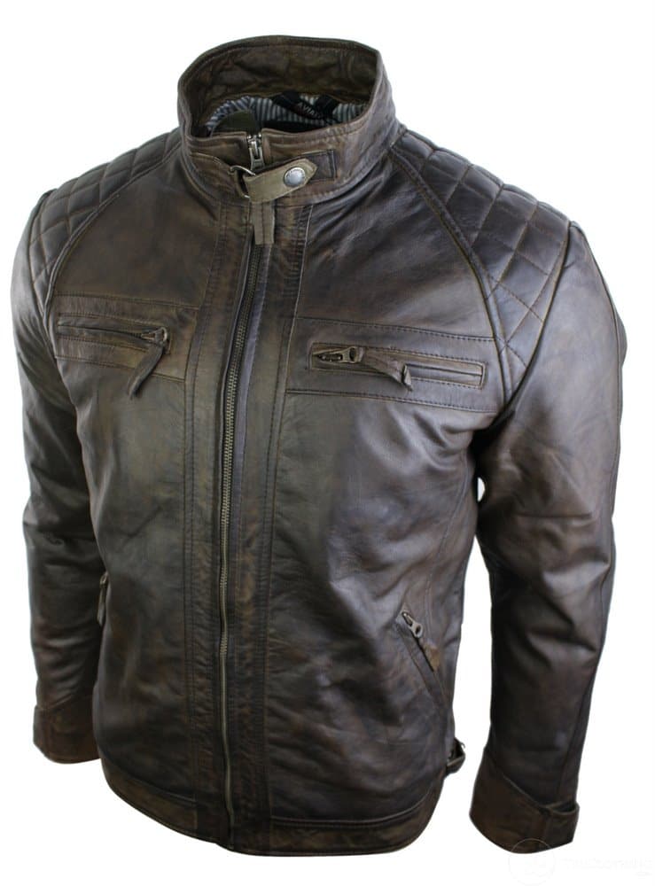 Äkta läder retro stil dragkedja herr bikerjacka mjuk brun vintage look