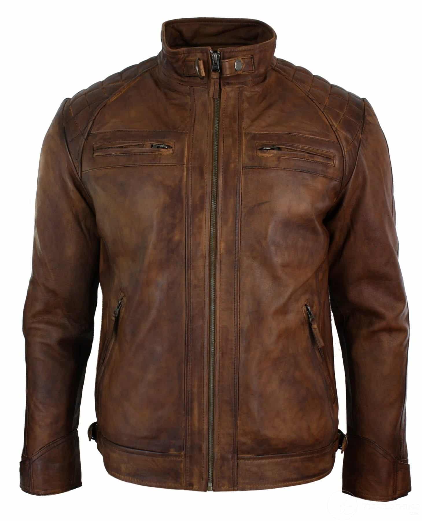 Äkta läder retrostil med dragkedja för män Bikerjacka i mjukt trä och vintage-look