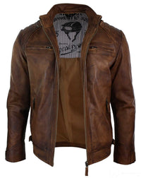 Äkta läder retrostil med dragkedja för män Bikerjacka i mjukt trä och vintage-look