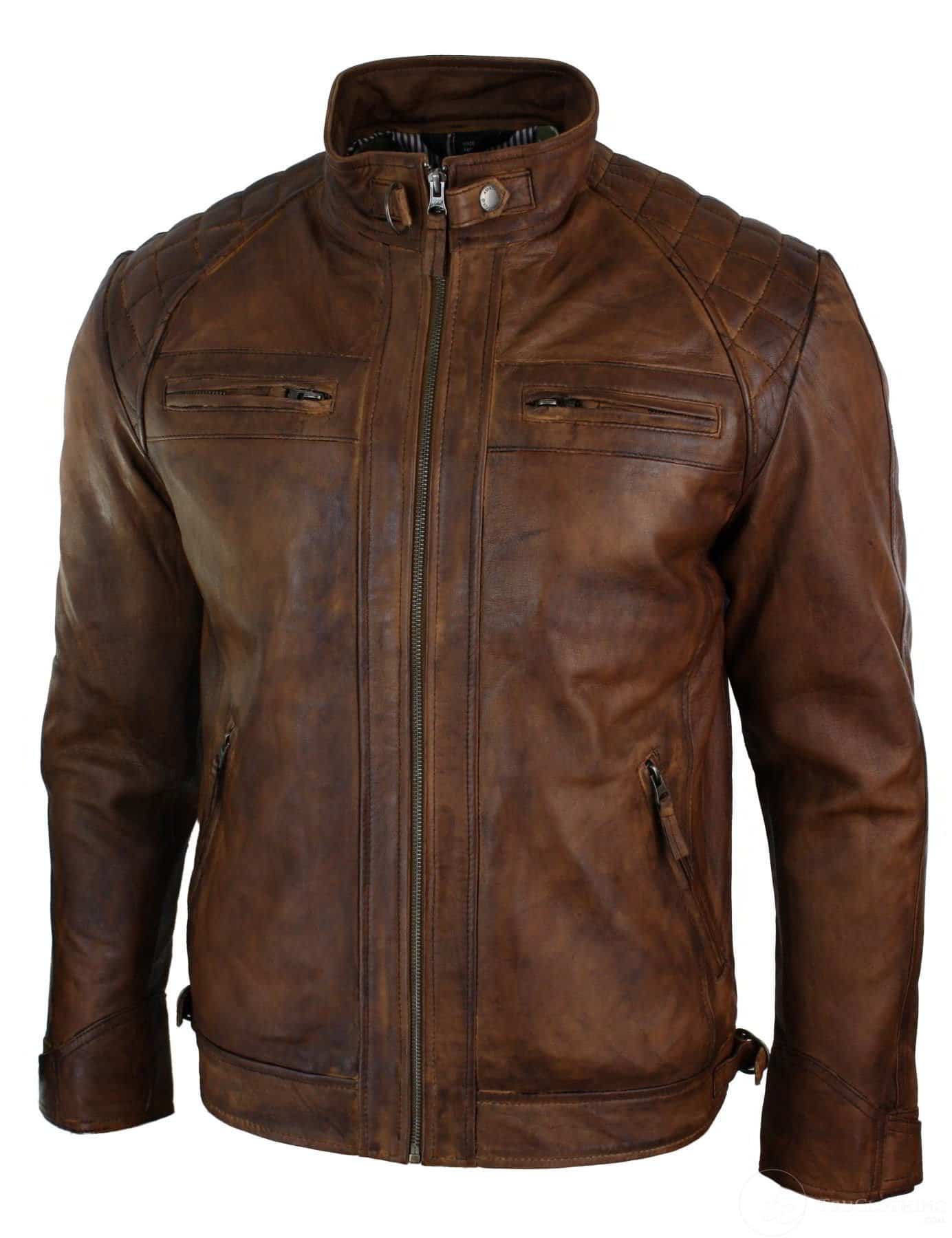 Äkta läder retrostil med dragkedja för män Bikerjacka i mjukt trä och vintage-look