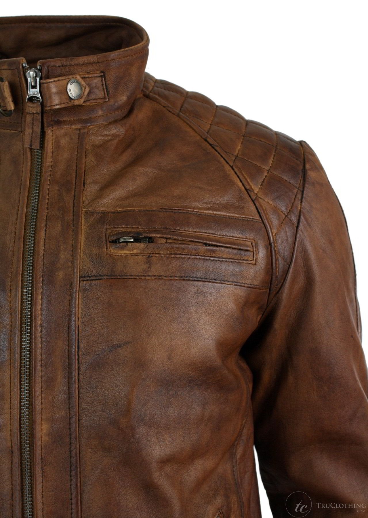 Äkta läder retrostil med dragkedja för män Bikerjacka i mjukt trä och vintage-look