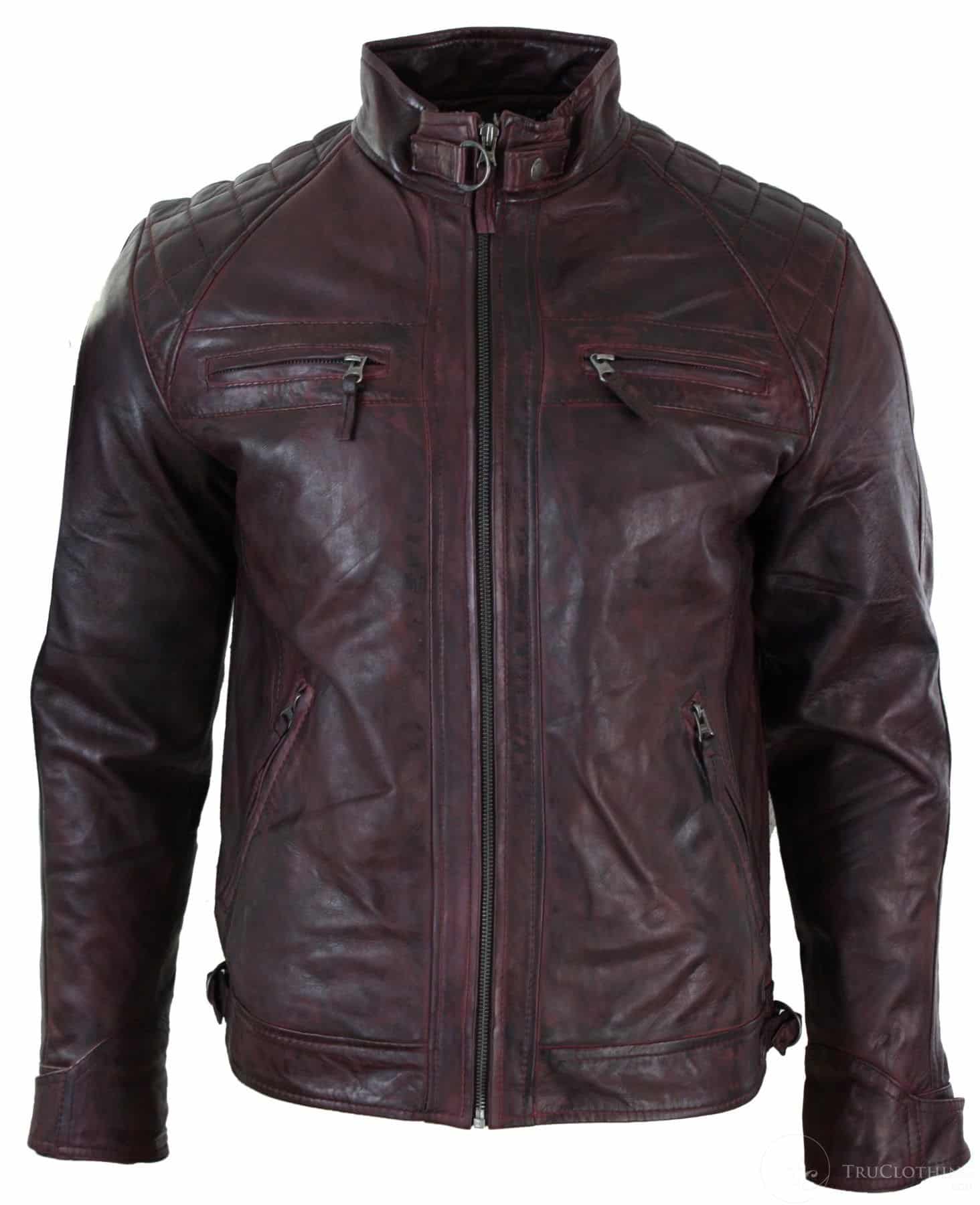 Äkta läder retrostil med dragkedja för män, bikerjacka i mjuk vinröd vintage-look