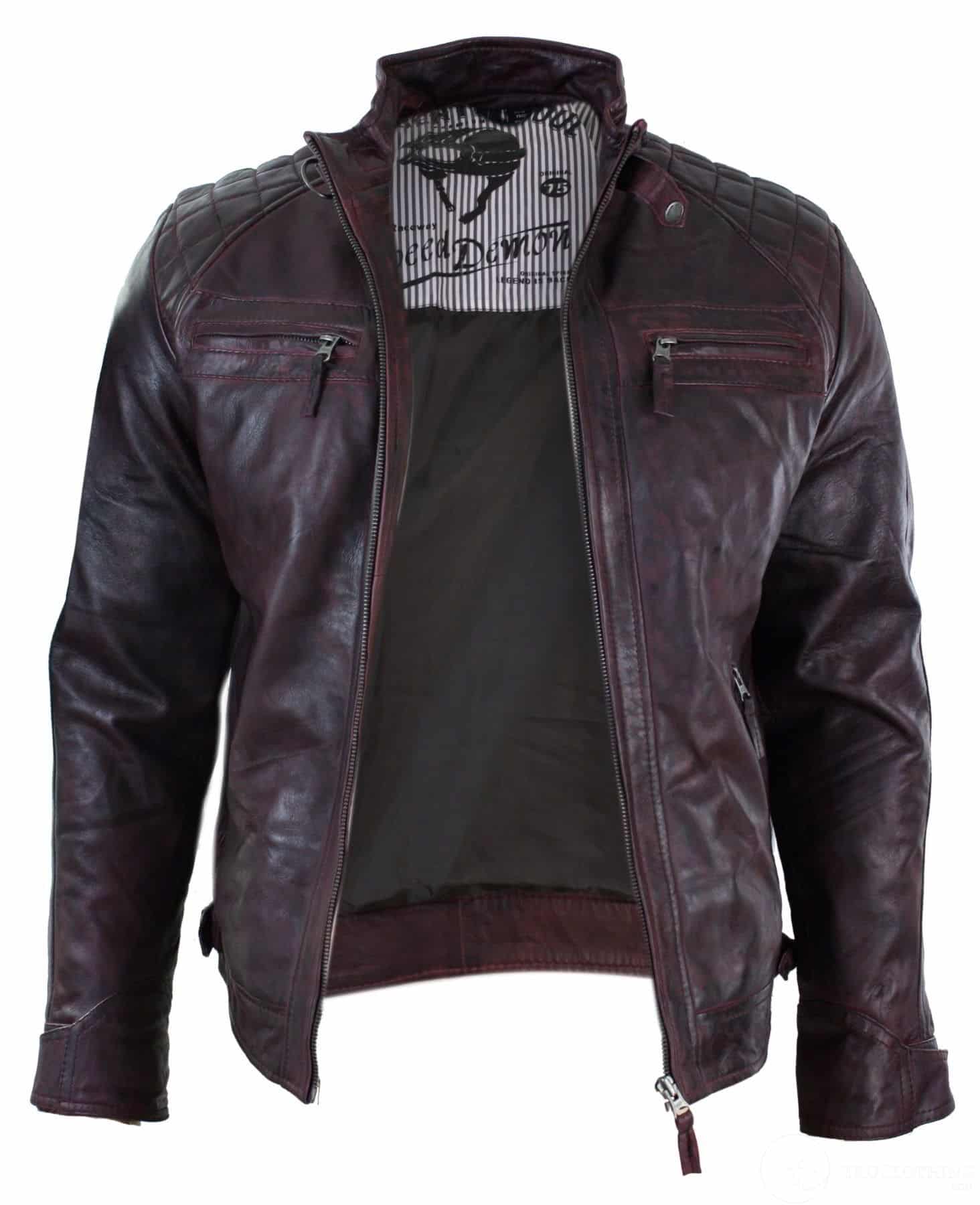 Äkta läder retrostil med dragkedja för män, bikerjacka i mjuk vinröd vintage-look