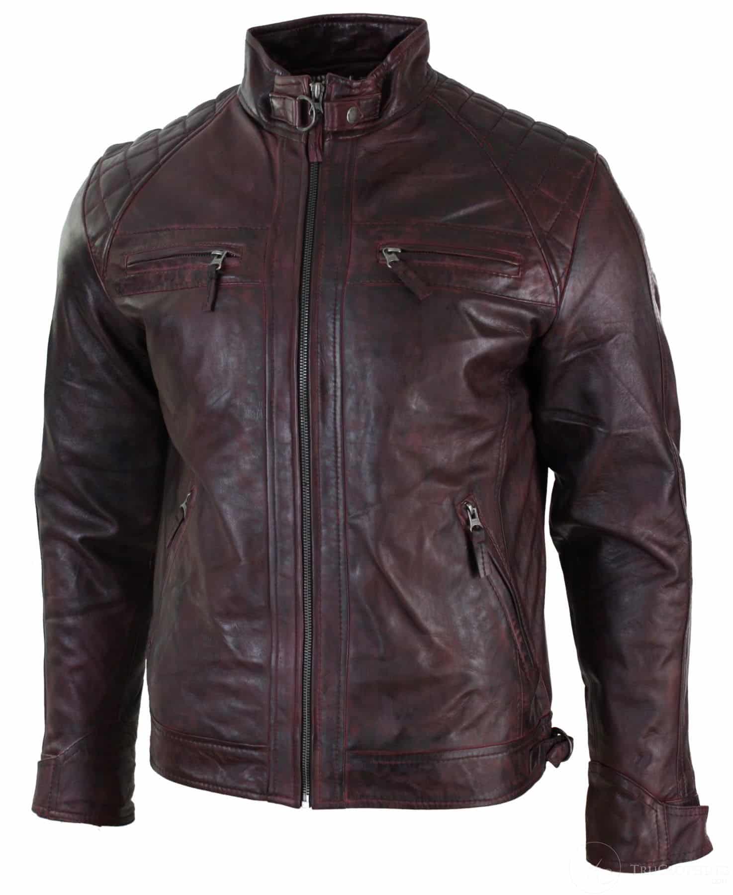 Äkta läder retrostil med dragkedja för män, bikerjacka i mjuk vinröd vintage-look