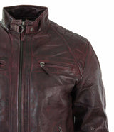 Äkta läder retrostil med dragkedja för män, bikerjacka i mjuk vinröd vintage-look