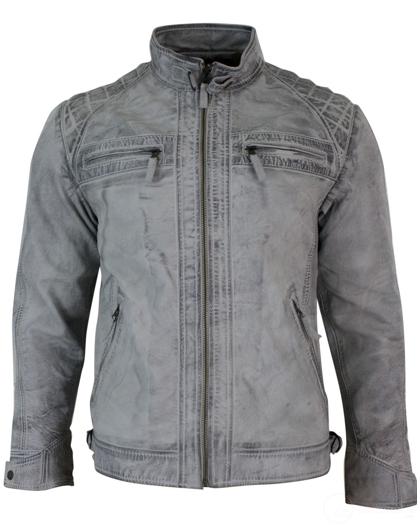 Äkta läder retro stil dragkedja biker herrjacka mjuk vit vintage look