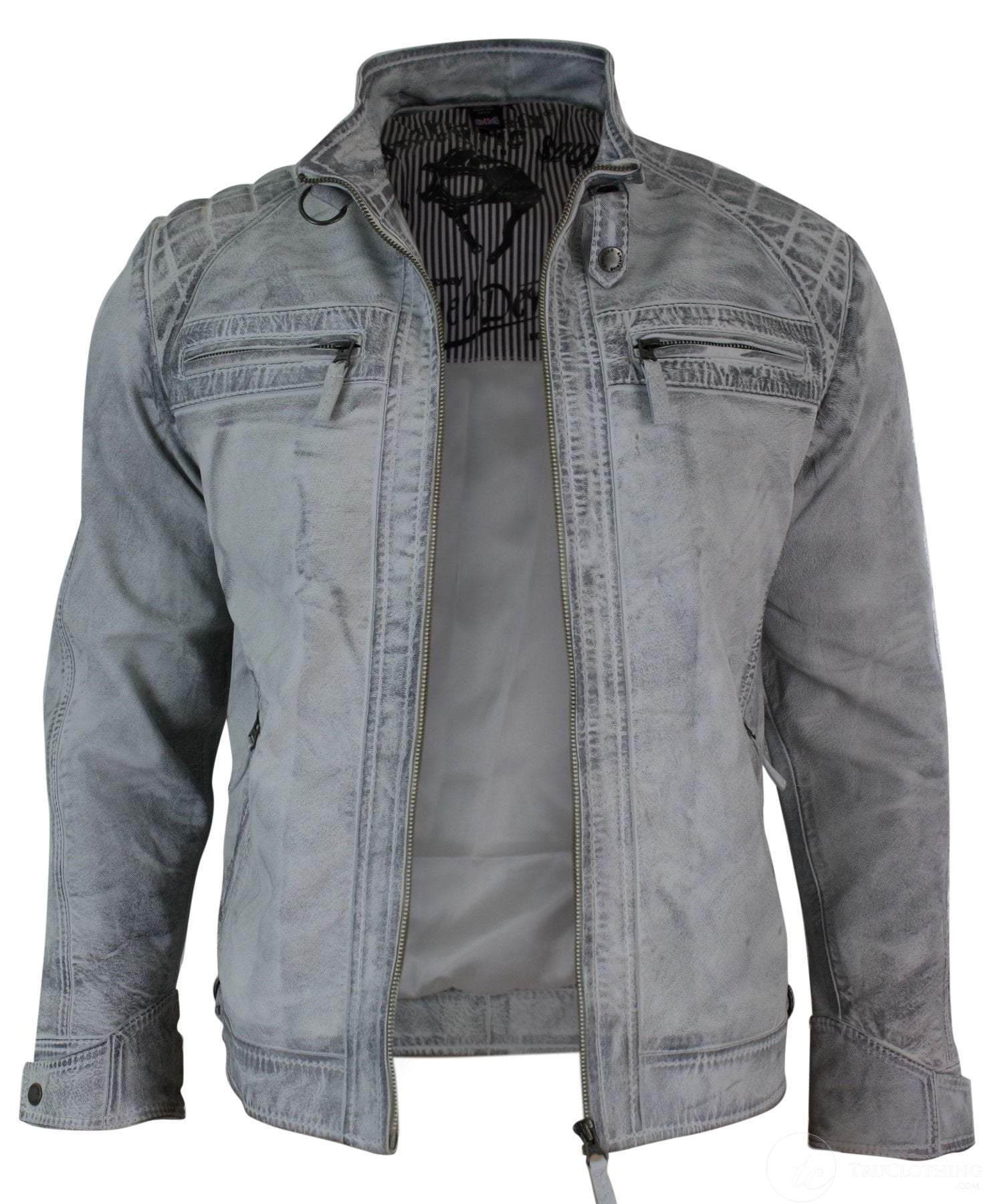 Äkta läder retro stil dragkedja biker herrjacka mjuk vit vintage look