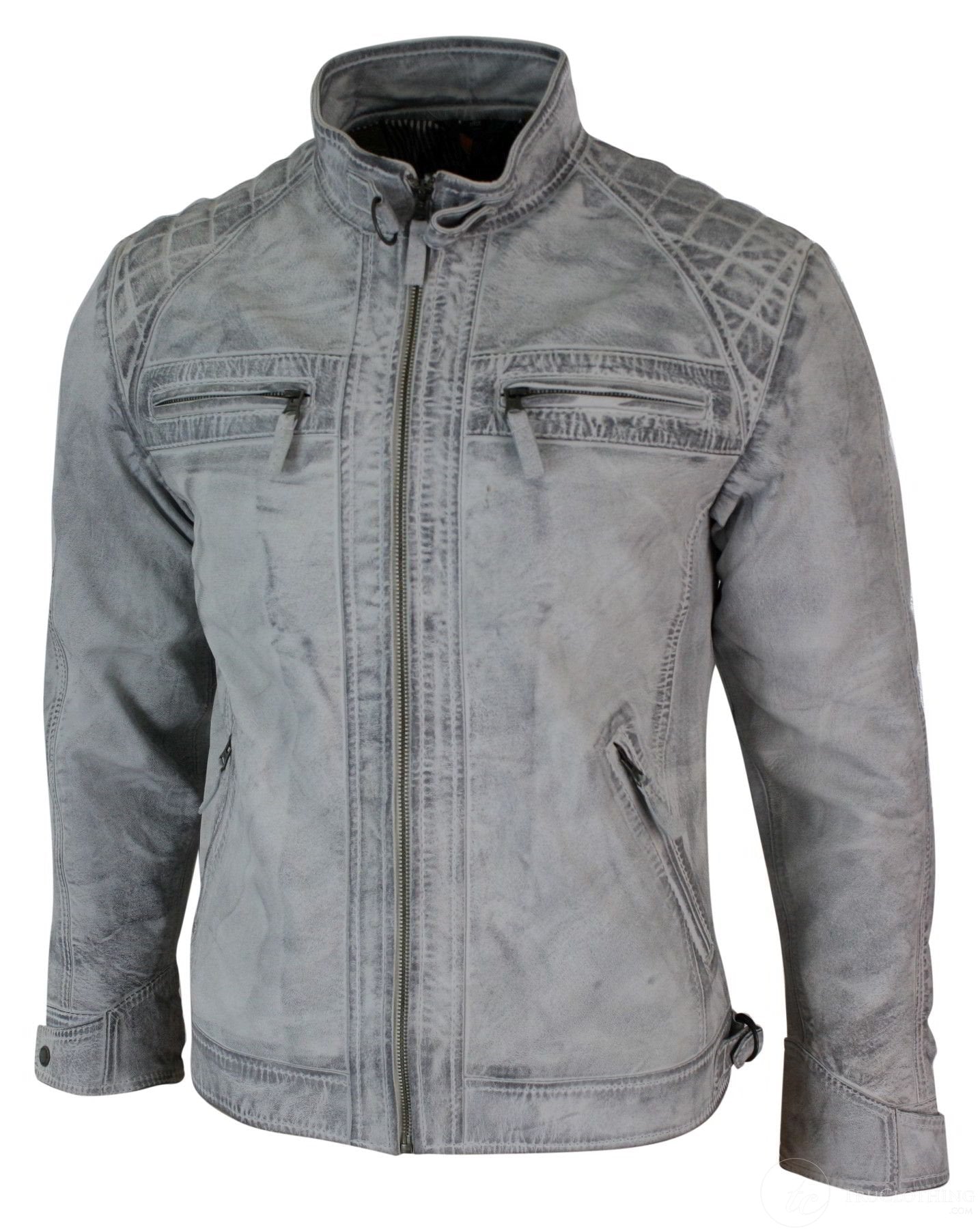 Äkta läder retro stil dragkedja biker herrjacka mjuk vit vintage look