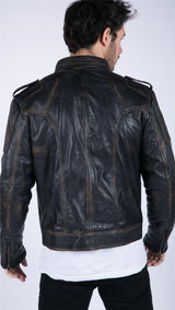 Herr Retro Äkta Läder Svart Brun Tvättad Racerjacka Biker Dragkedja Slim
