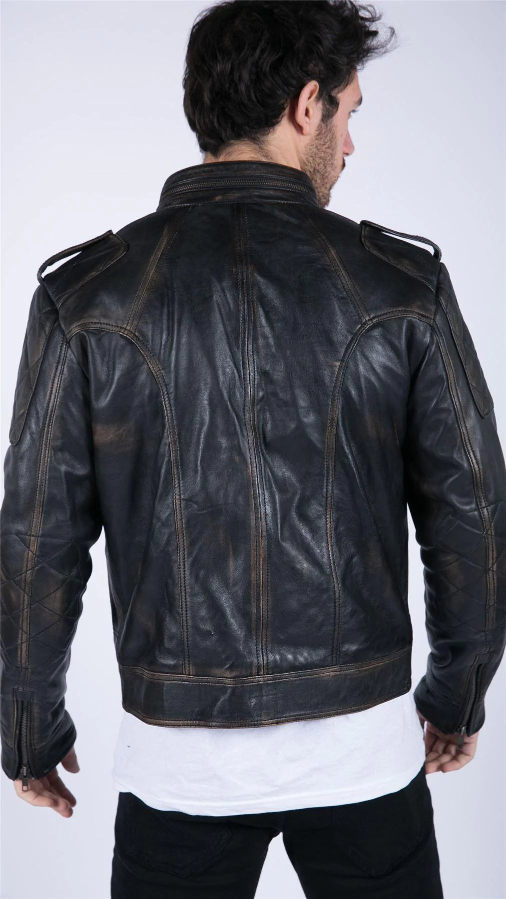 Herr Retro Äkta Läder Svart Brun Tvättad Racerjacka Biker Dragkedja Slim