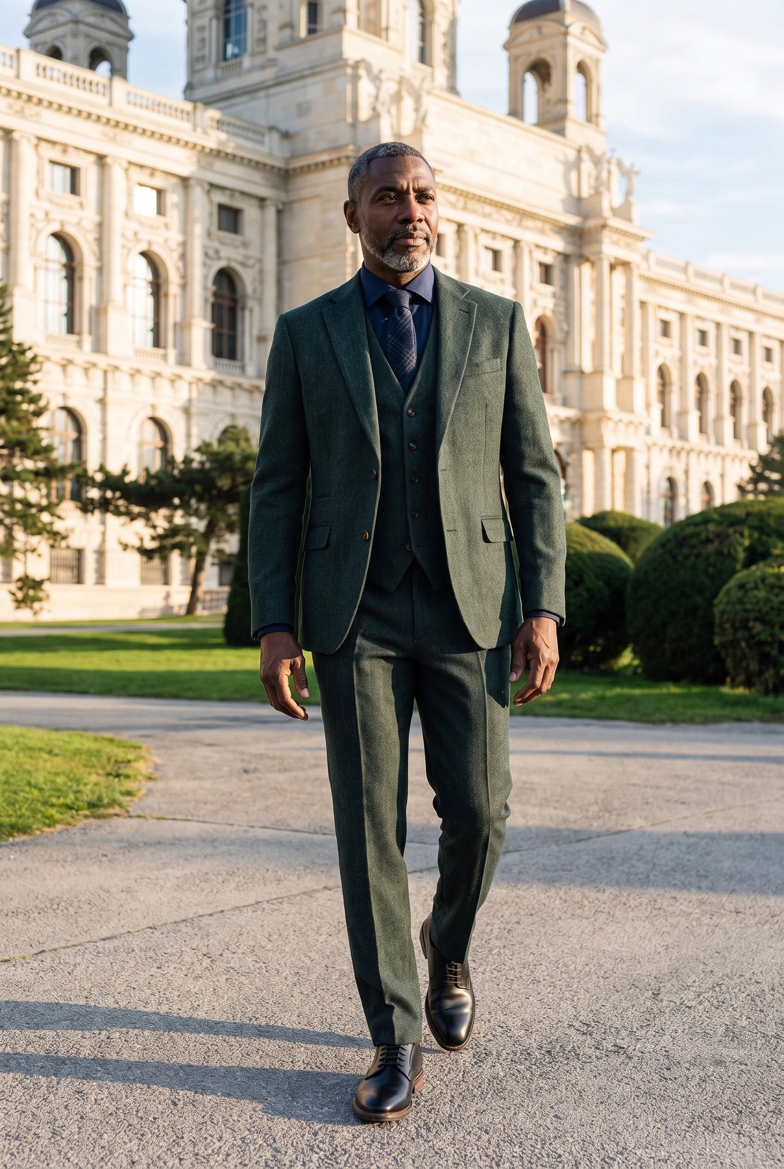 Look #957 styled with Thomas - Olivgrön 3-delad kostym i tweed i ullblandning