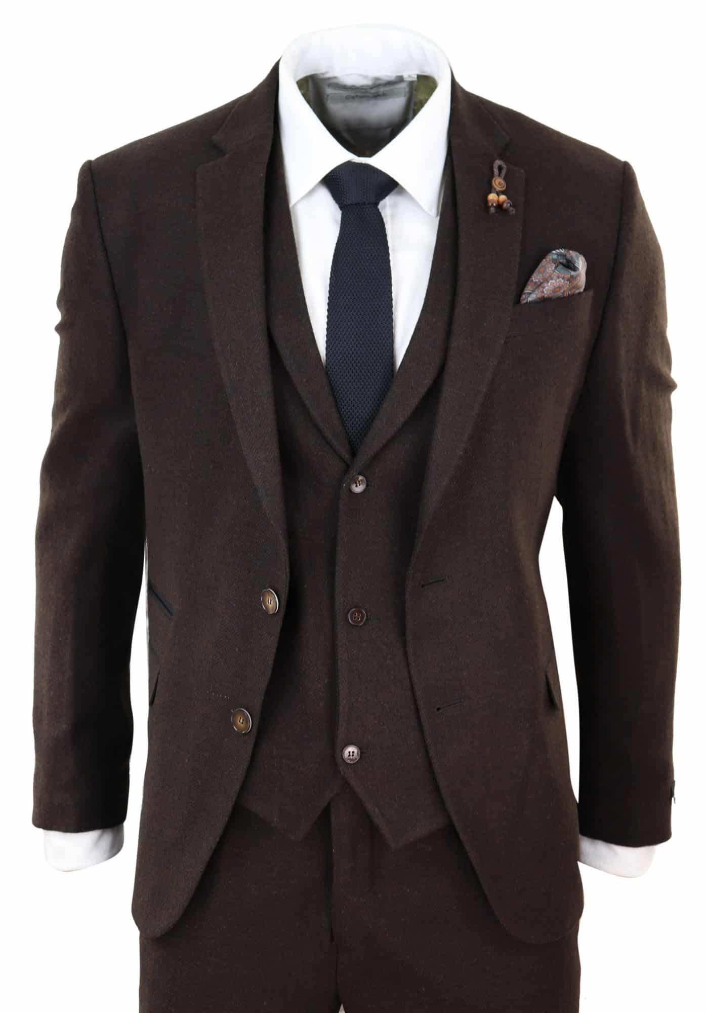 Brun fiskbensmönstrad tweed 3-delad kostym