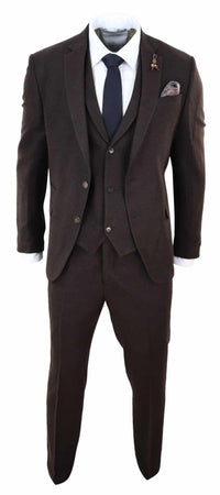 Brun fiskbensmönstrad tweed 3-delad kostym