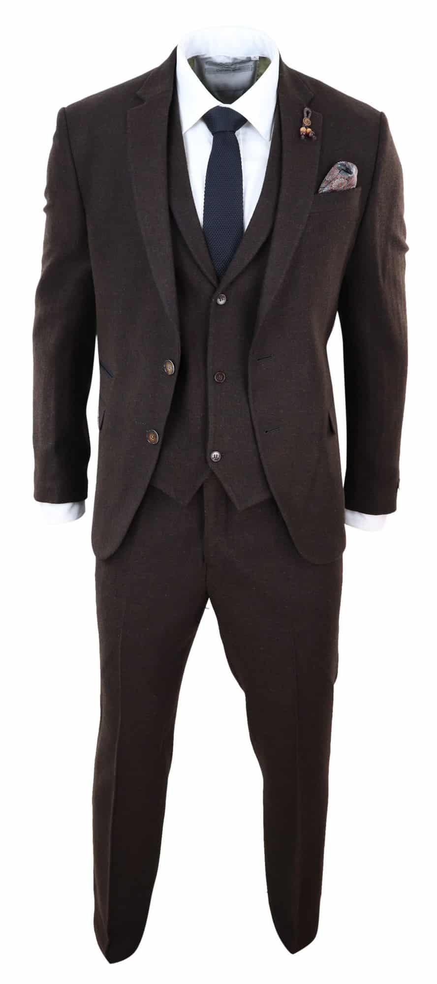 Brun fiskbensmönstrad tweed 3-delad kostym