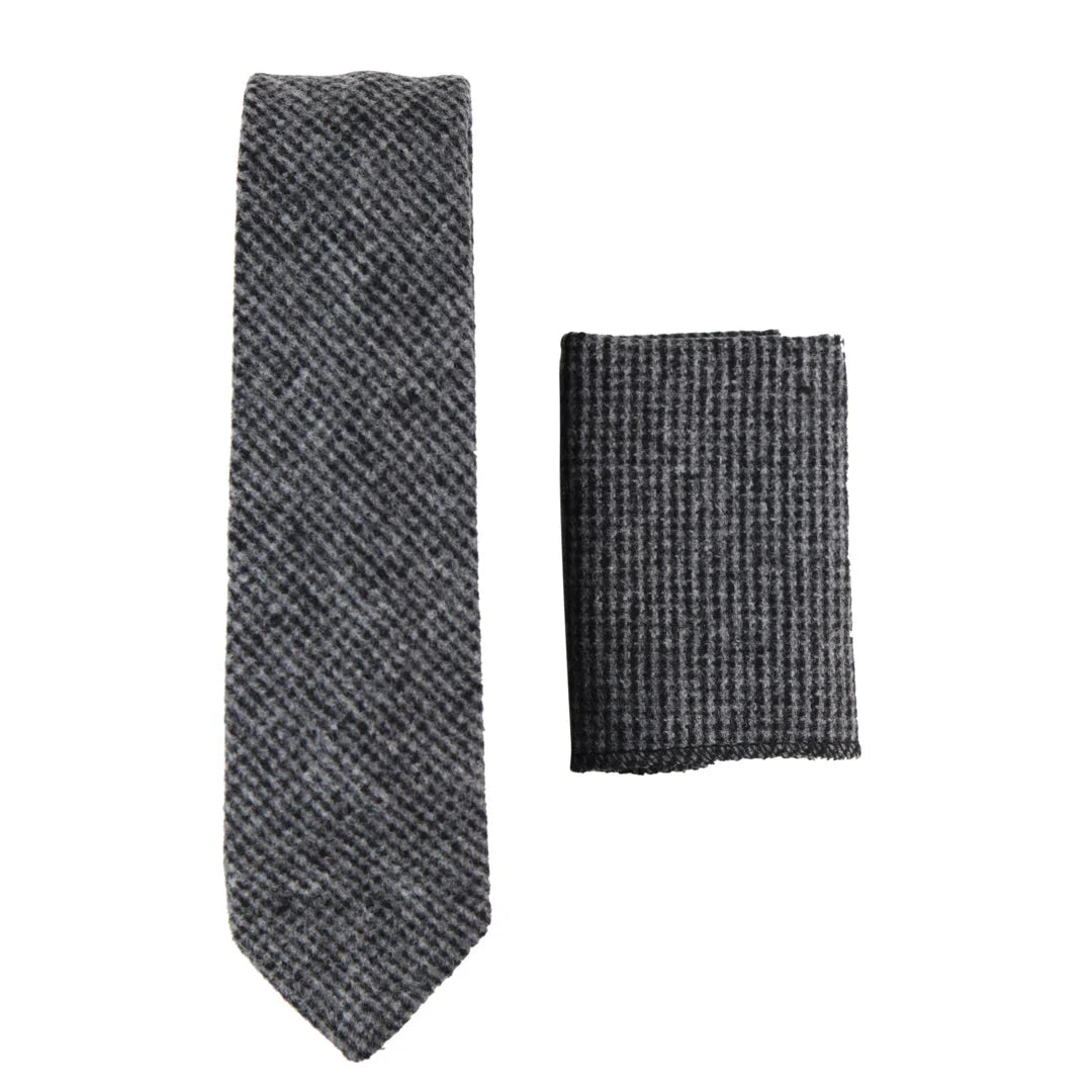 281 - Herrslips med näsduk i grå fiskbensmönster i tweed i ull, 5 cm