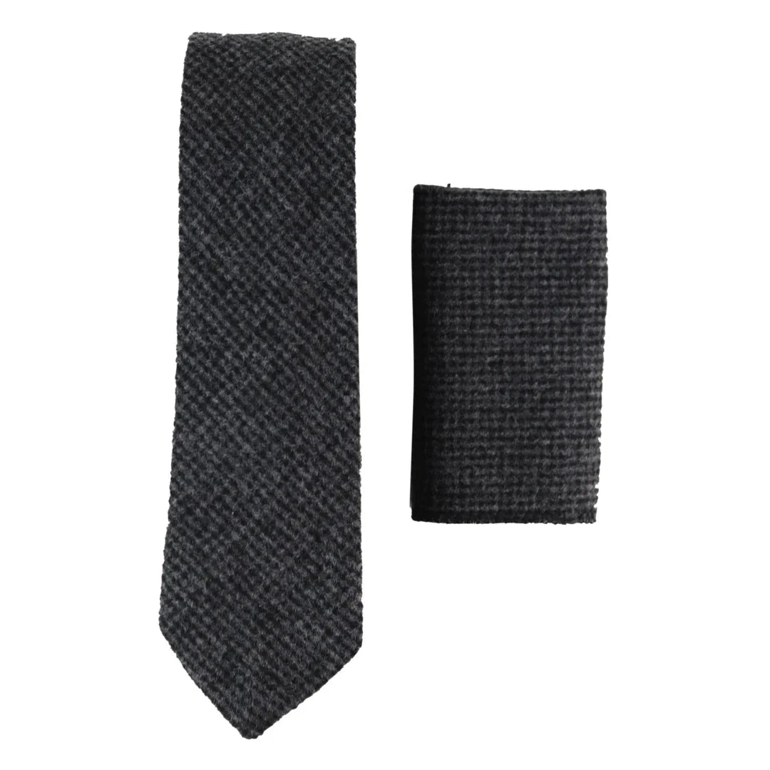 281 - Herrslips i antracitgrå fiskbensmönstrad tweed i ull och näsduk, 5 cm