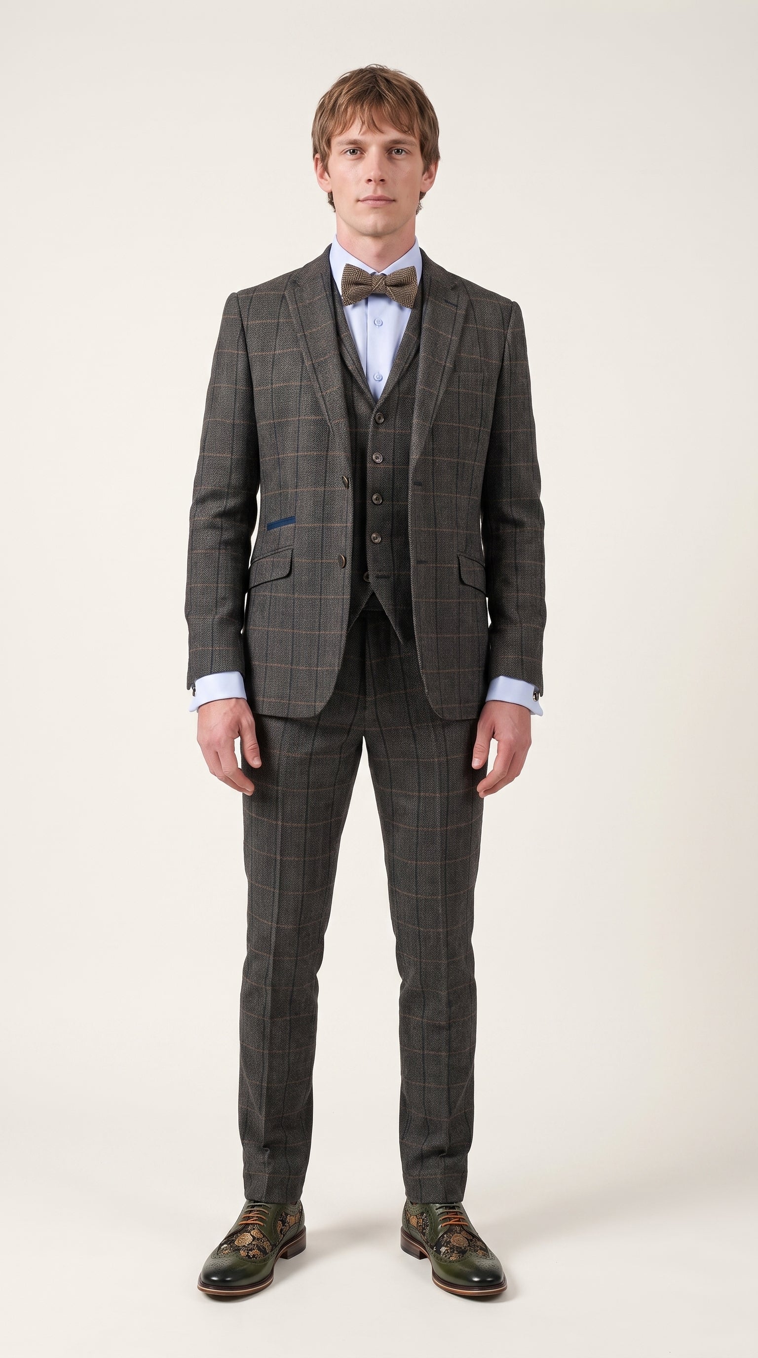Look #330 styled with Cavani Albert - Herrkostym i Fiskbensmönstrad Tweedrutig Tredelad Kostym - Antracitgrå