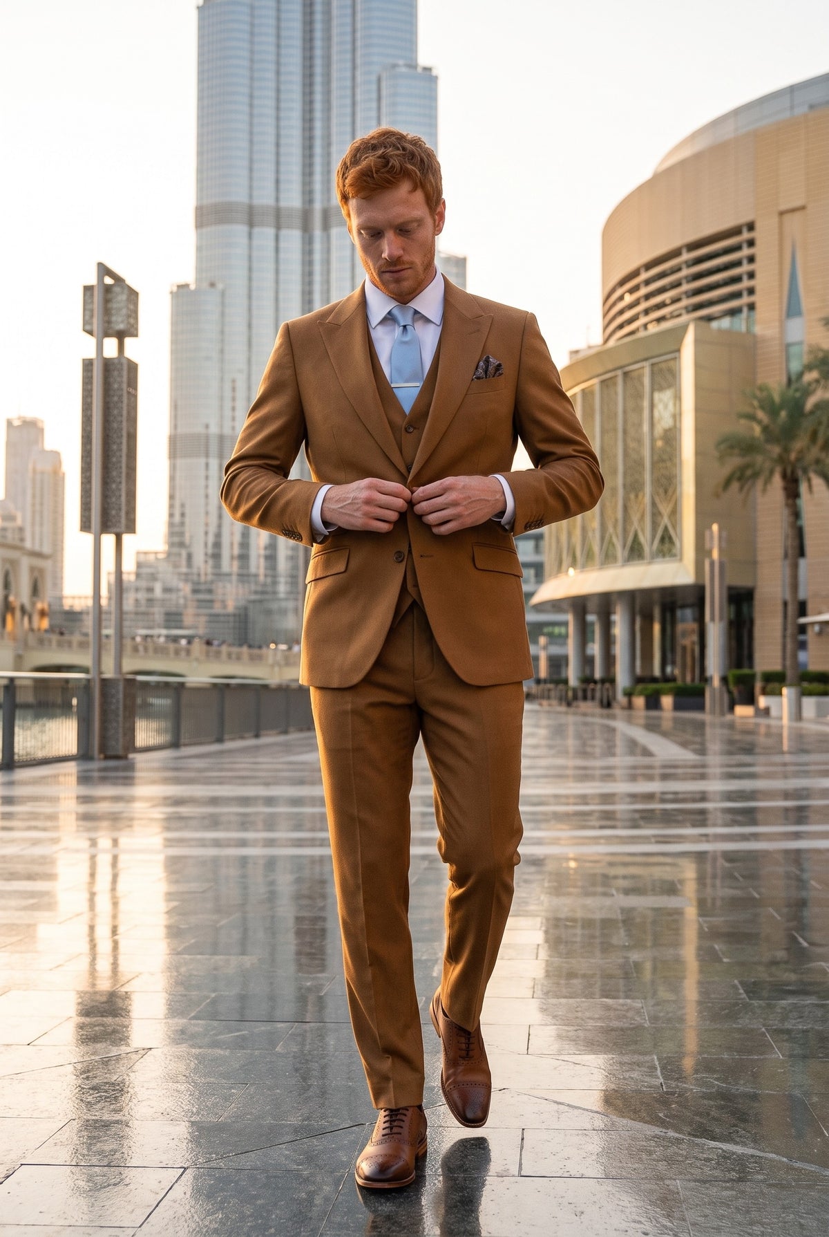 Look #952 styled with James - Herr kamelbrun 3-delad ullkostym med skräddarsydd passform