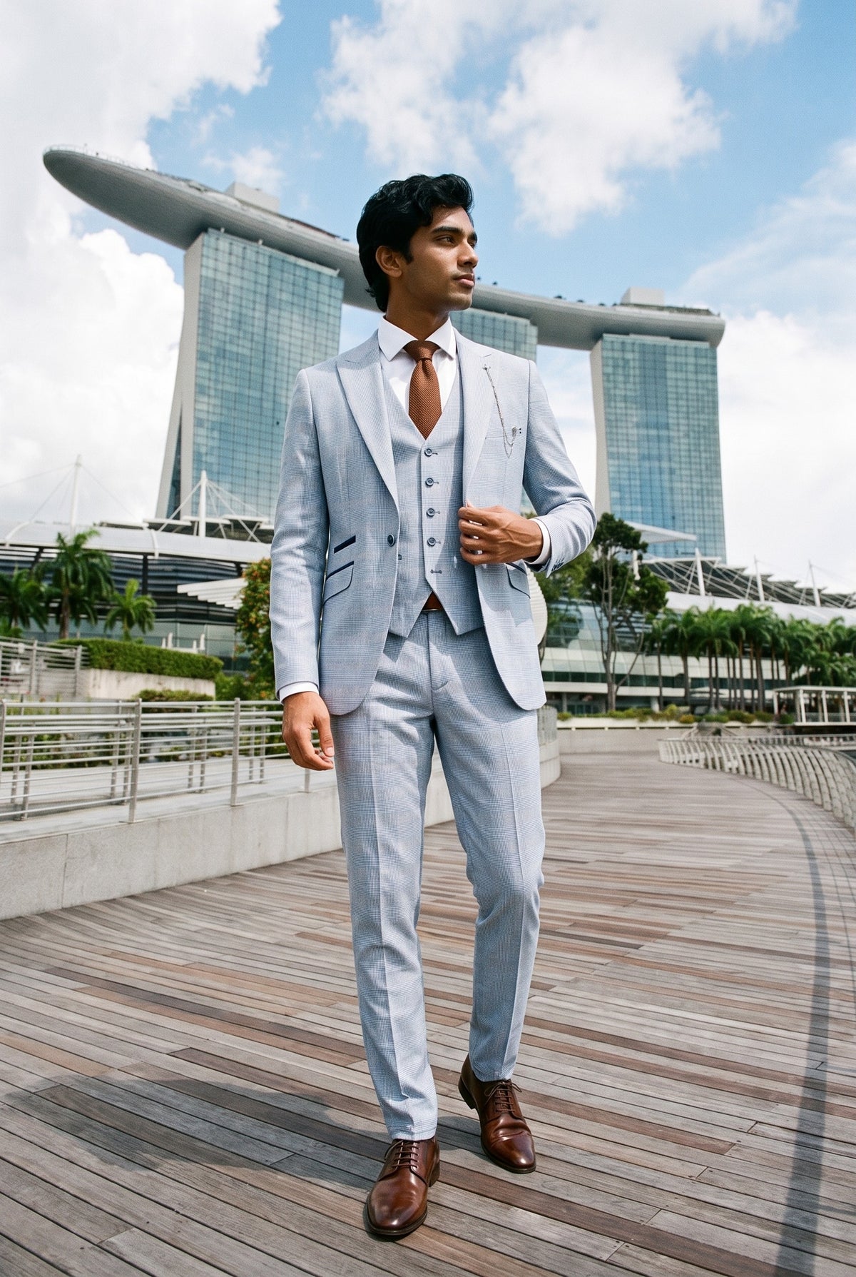 Look #1007 styled with Herr 3-delad rutig kostym i tweed ljusblå skräddarsydd passform bröllop peaky klassisk