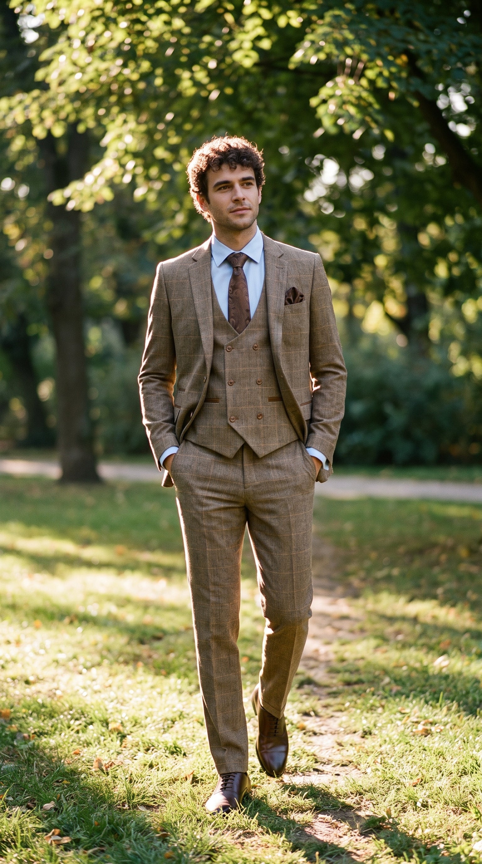 Look #343 styled with Herrkostym i fiskbensmönstrad tweed med brunrutig passform, dubbel klassisk passform