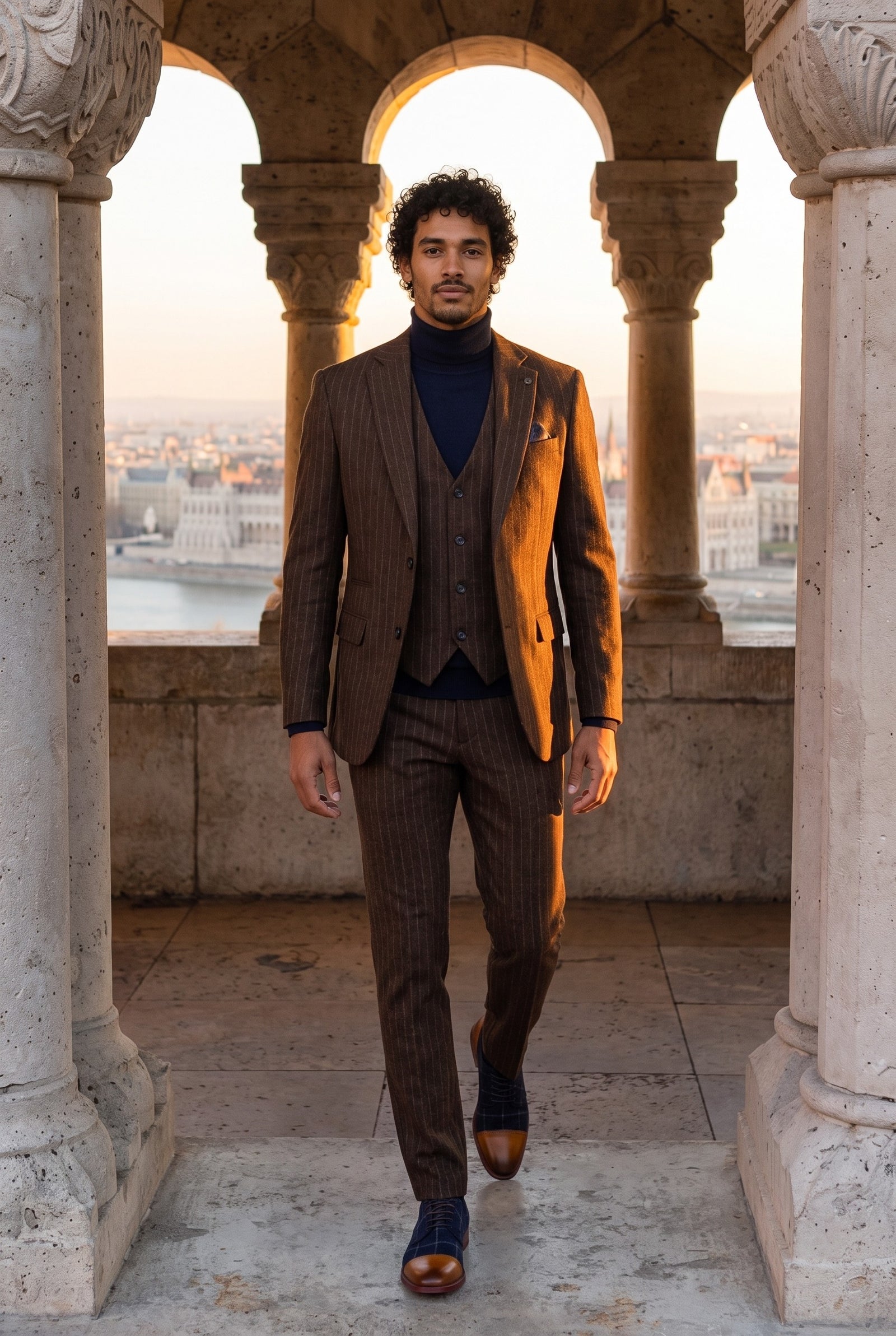 Look #959 styled with Herrkostym med smal passform, brun och kritstrecksrandig tredelad kostym