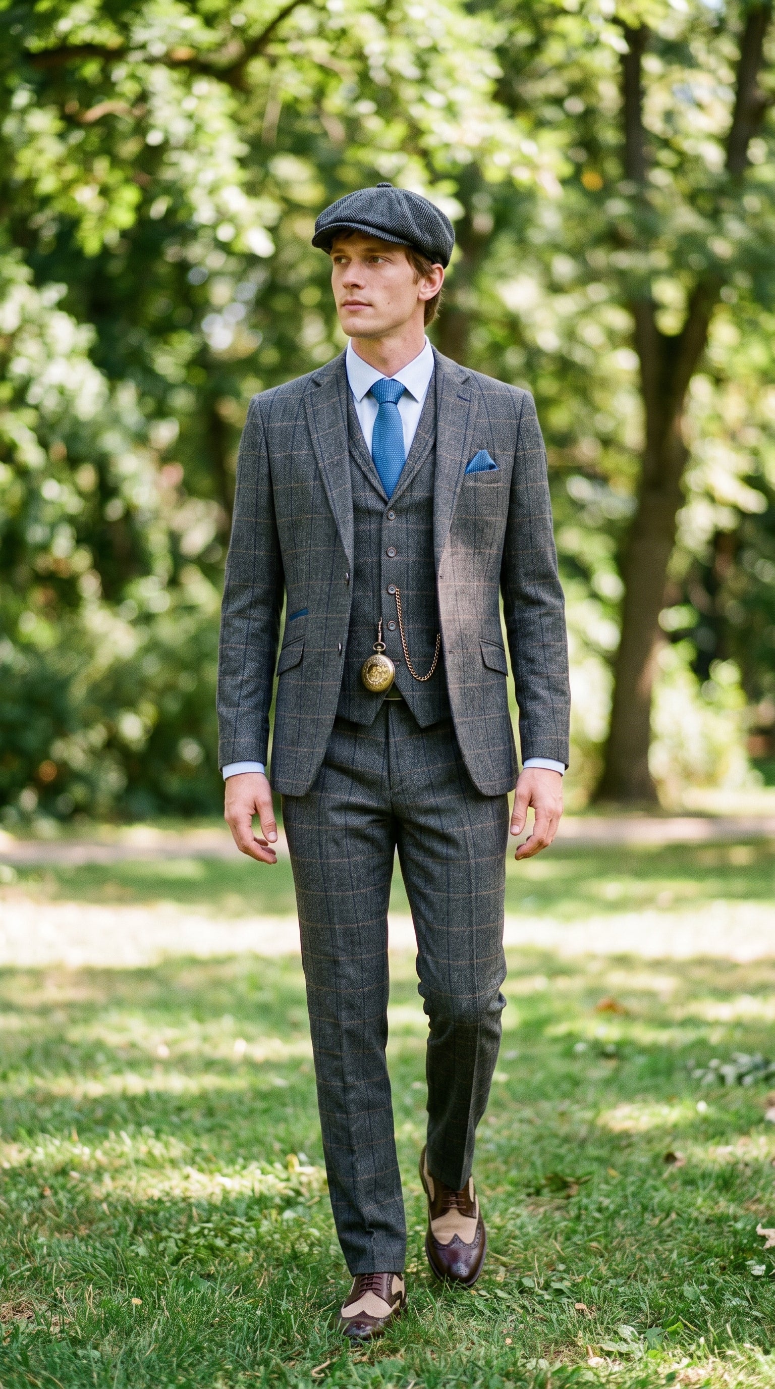 Look #132 styled with Cavani Albert - Herrkostym i Fiskbensmönstrad Tweedrutig Tredelad Kostym - Antracitgrå