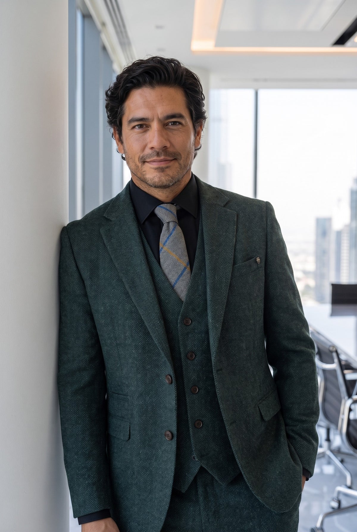 Look #976 styled with Thomas - Olivgrön 3-delad kostym i tweed i ullblandning