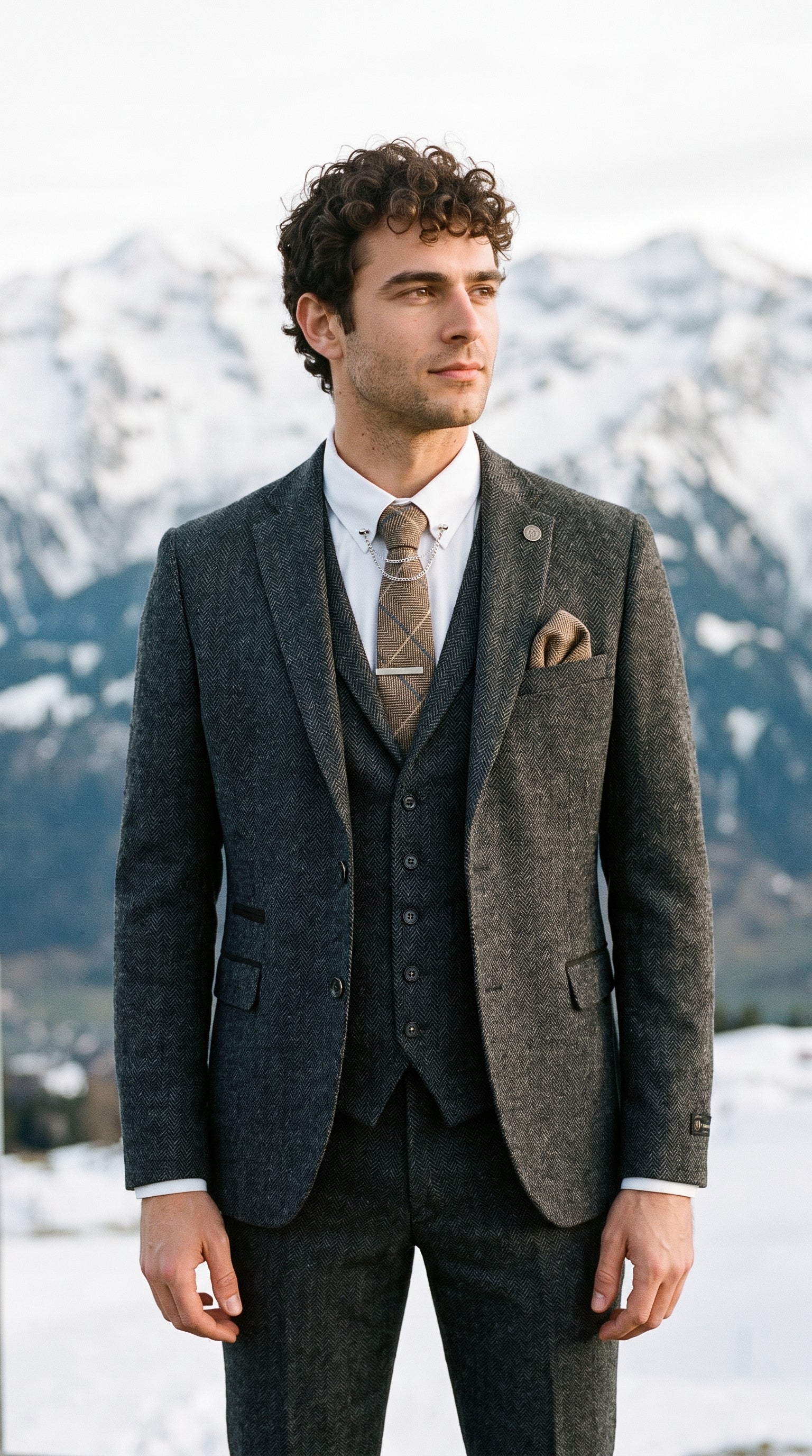 Look #637 styled with Herrkostym i tvåd, antracitgrå, 3-delad fiskbensmönstrad kostym – STZ11