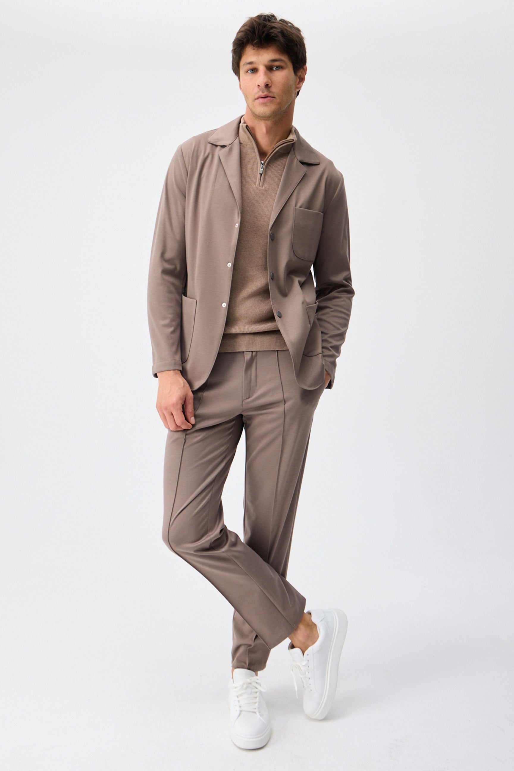 Herrkavaj i mjuk jersey, taupebrun, elegant casualjacka