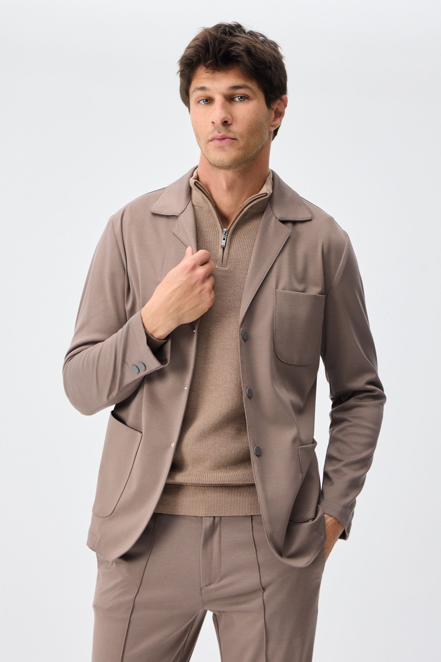 Herrkavaj i mjuk jersey, taupebrun, elegant casualjacka