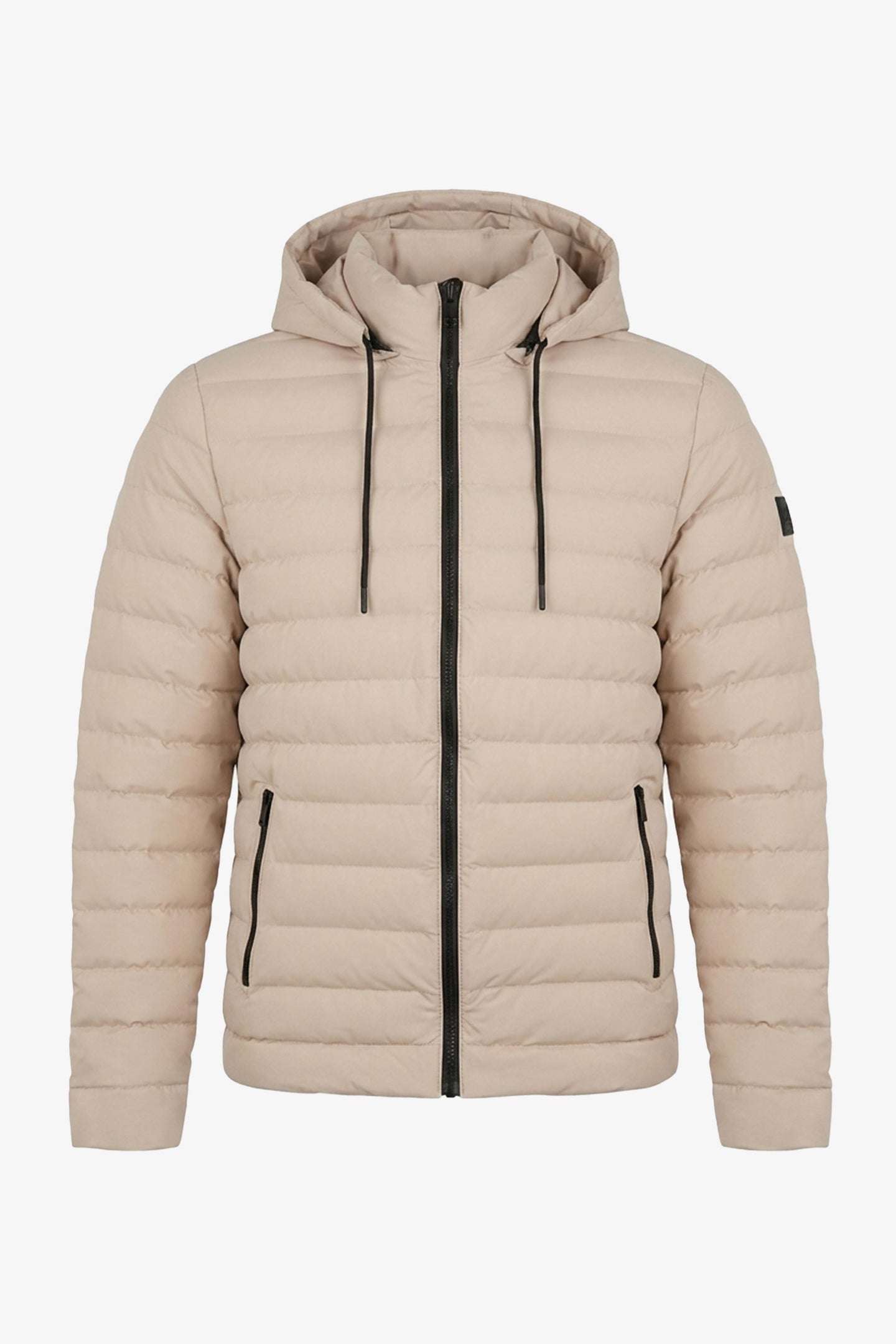 Beige herrjacka med huva, lätt vadderad kappa med dragkedja