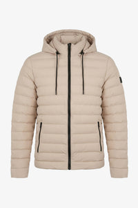 Beige herrjacka med huva, lätt vadderad kappa med dragkedja