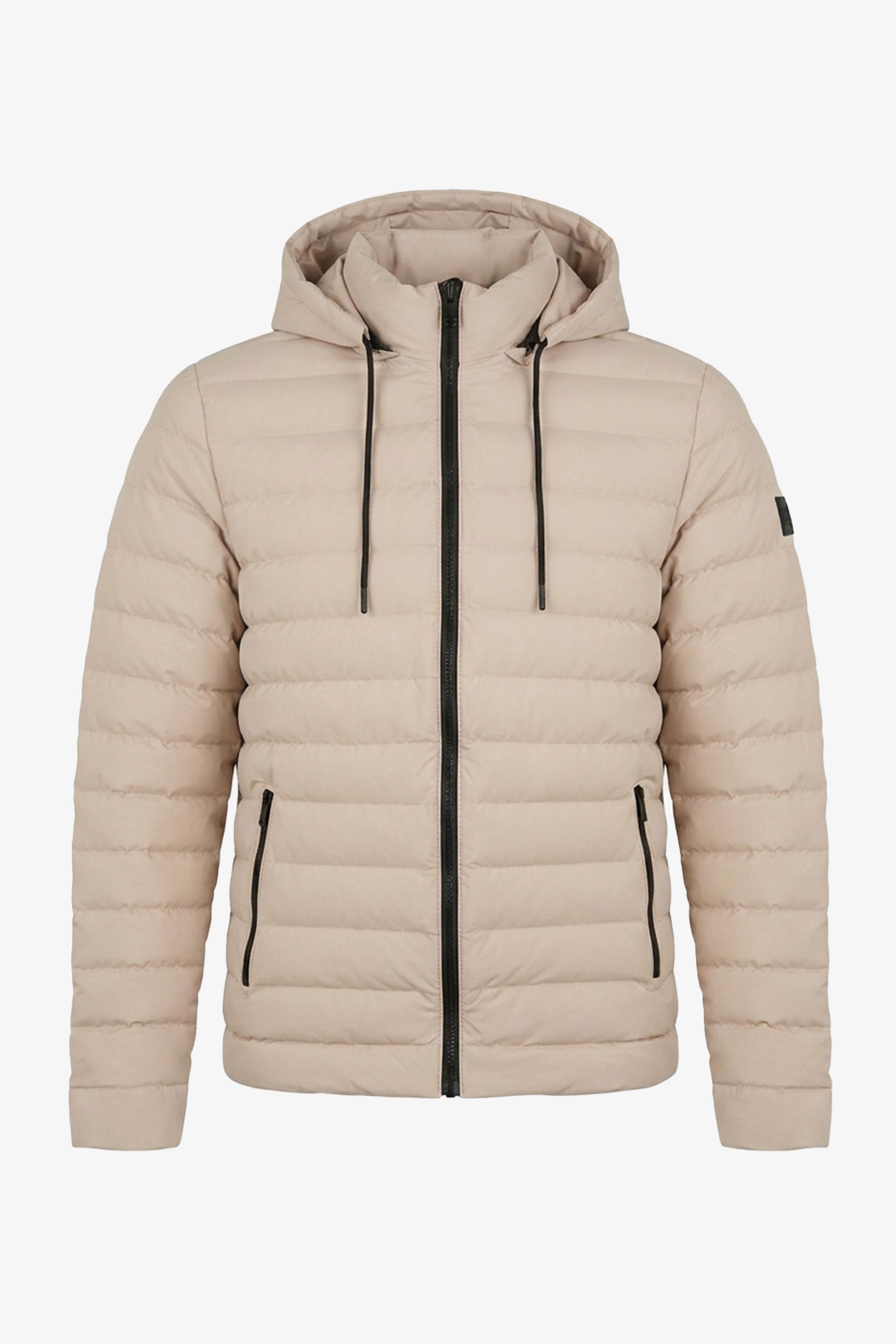 Beige herrjacka med huva, lätt vadderad kappa med dragkedja